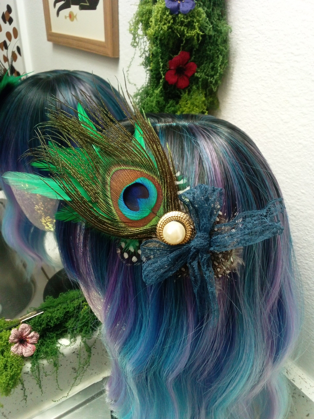 Peacock Feather Hair Clip with Navy Lace Bow